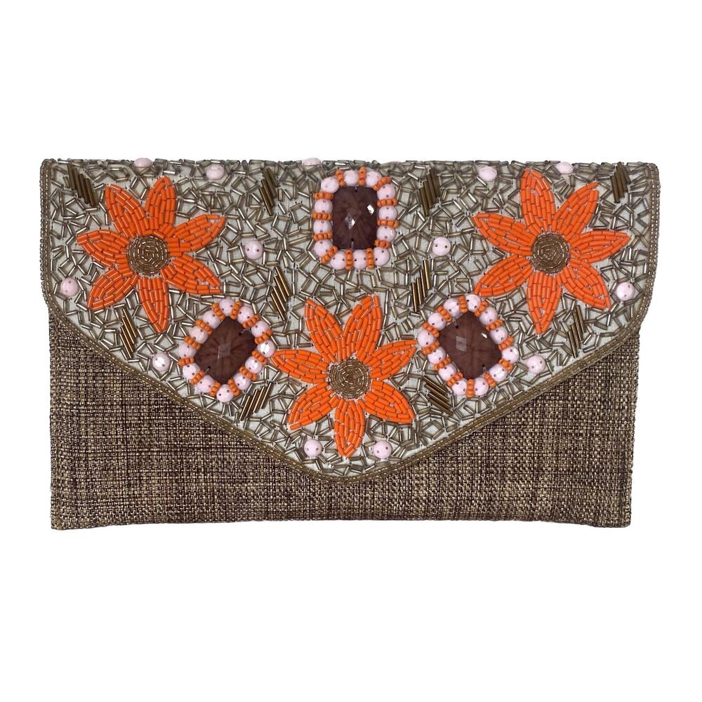 David Jeffrey Beaded Clutch Purse w/Shoulder Strap Tan Brown Orange Flowers